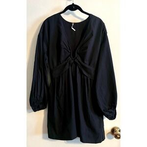 Free People Black Long Sleeve V-Neck Knot Front Mini A-Line Dress S Cotton
